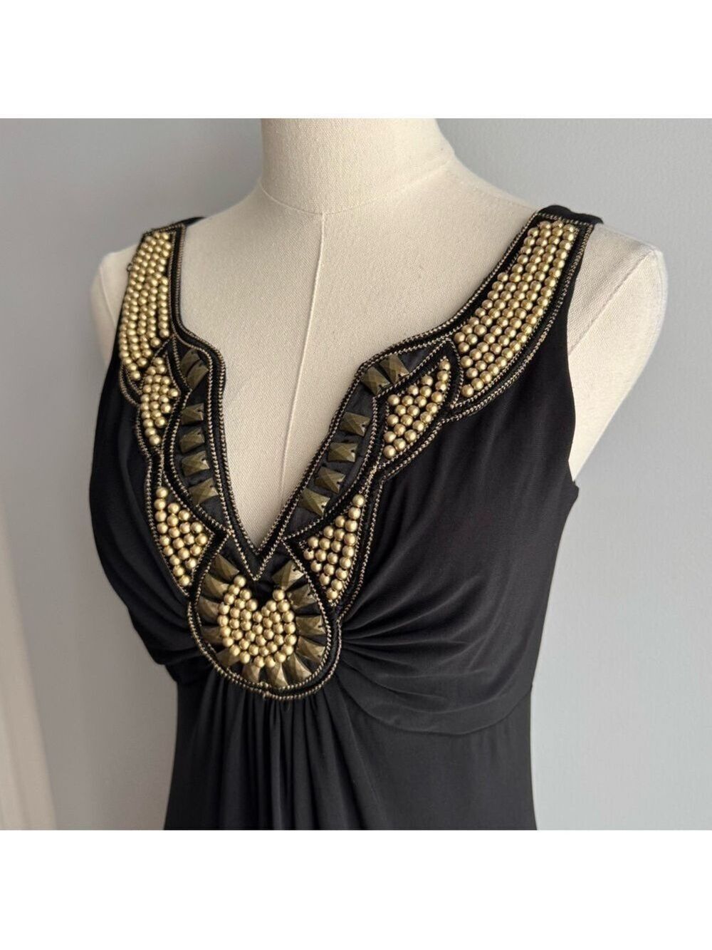Black Beaded Maxi Dress Sz 2 XS Sleeveless V-Neck Boho Glam Evening Gown Party - Picture 4 of 15